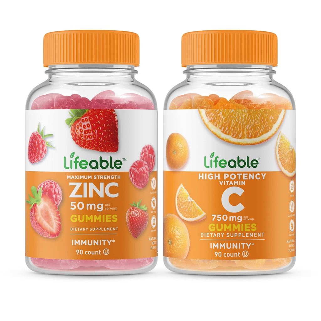 Zinc Lifeable 50mg + Vitamin C 750mg, Gummies Bundle - Great Tasting, Vitamin Suplemen, Gluten Bebas, GMO Bebas, Gummy Chewable