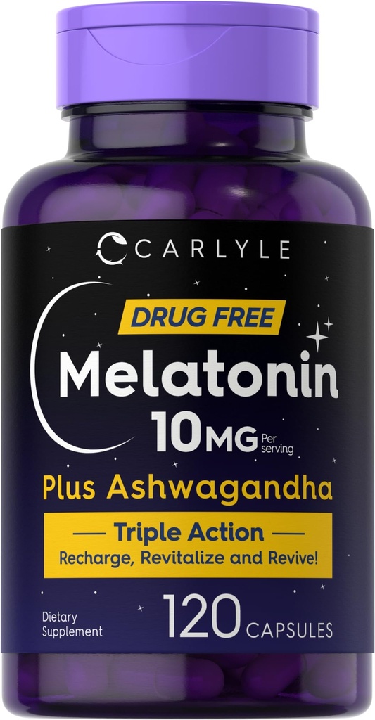 Carlyle Melonatin 10mg 124; 120 Capsules 124; dengan Ashwagandha 124; Triple Power Formula 124; Non-GMO, Gluten Free Supplemen