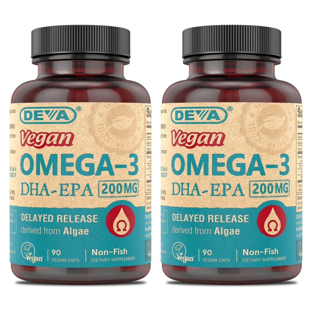 DEVA Vegan Omega-3 DHA-EPA, dari Micro Algae, Delayed Rilis, 90 Vegan Capsules (Paket 2)