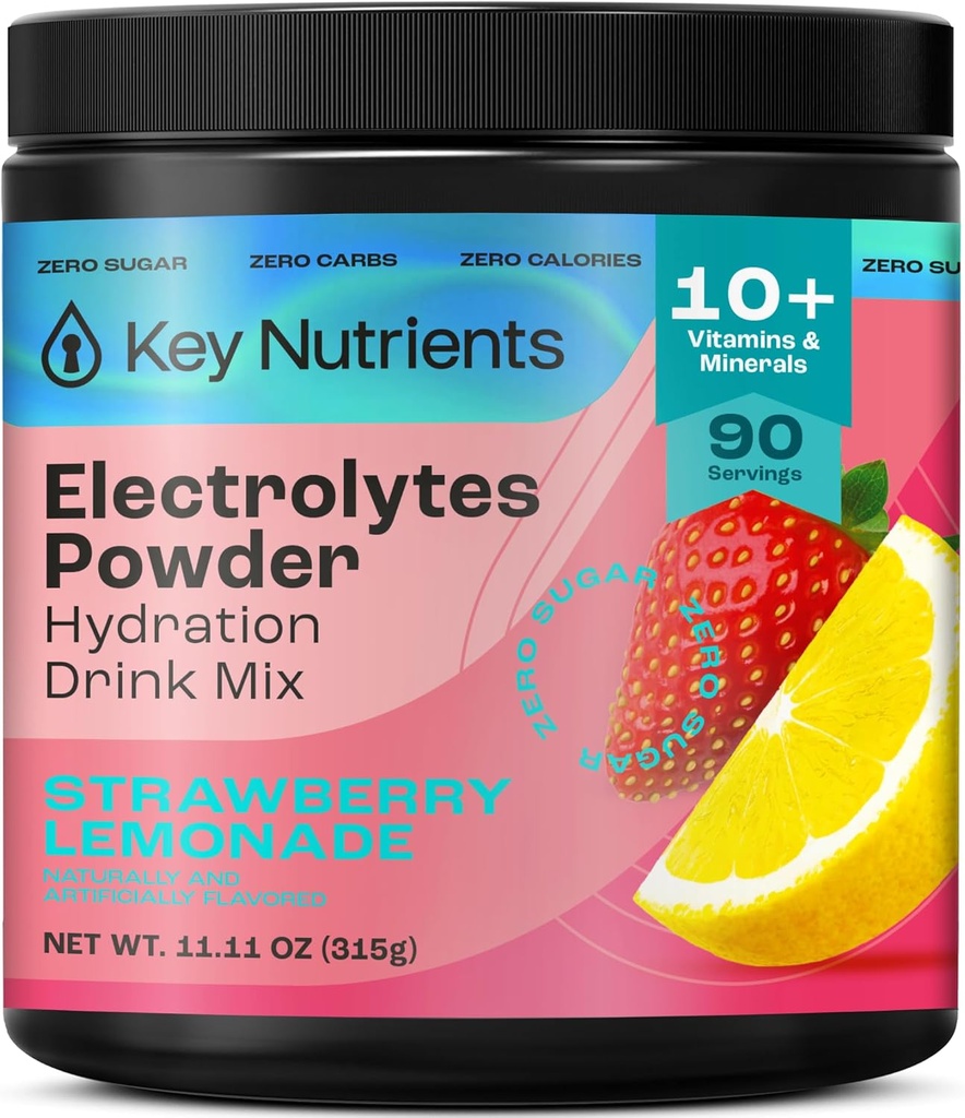 KEY NUTRIENTS Electrolytes Powder No Sugar - Juicy Strawberry Lemonade Electrolyte Powder - Hydration Powder - No Calories, Gluten Free Keto Electrolytes Powder - 90 Servings