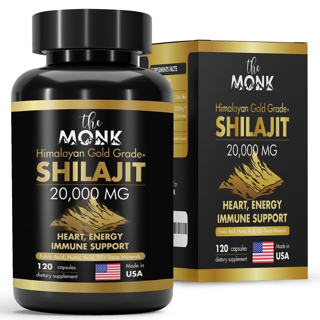 Shilajit Organik dengan Fulvic Acid, Asam Humic, 85 + Mineral- Tingkat Emas Plus - Sama seperti Resin - Energi, Stamina, Otak Dukungan - 120 Kapsul - Dibuat di USA