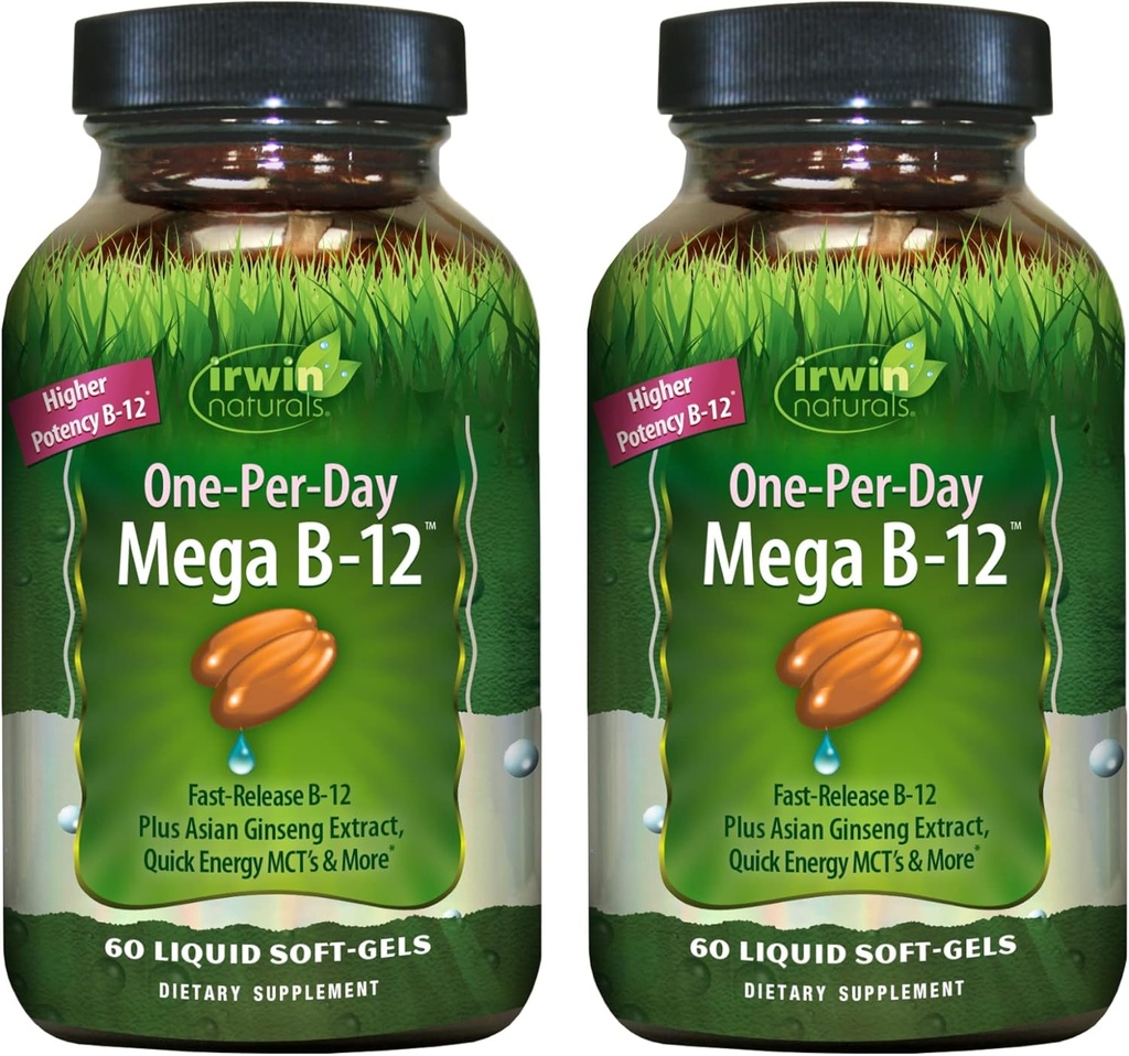 Irwin Affials One- Hari Mega B-12 1.500mcg High Potylcobalamin - Affic Enhanced Absorpsi dengan MCT + Asia Ginseng - Natural Energy Boost - 60 Liquid Softgels (Paket 2)