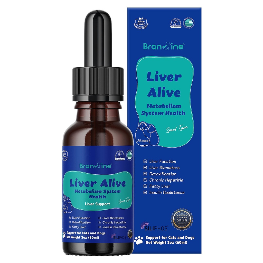 Kesehatan Sistem Metabolisme Hidup untuk Anjing dan Kucing - Fungsi, Gendut, Detox, Hepatitis Kronic dengan SILIPHOS ®, TUDCA, Graven Bacon Flavor (60ml)