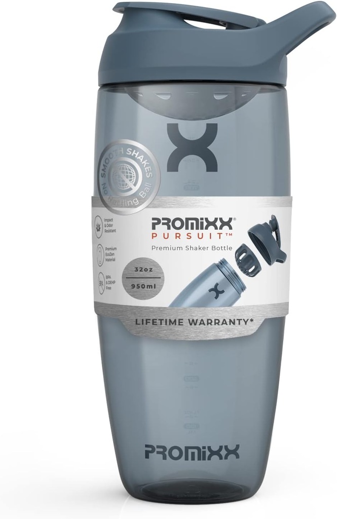 Prox Pursuit Protein Shain Shaker Bottle (32 oz) - Silent No-Ball Mixer, Leak- Providence Lid, BPA / BPS & Phthalate- Free ECOZEN - Easy- Clean Shaker Cup for Protein Shakes, Pre & Postout Smoothies