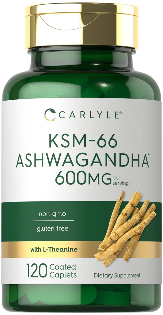Carlyle KSM-66 Ashwagandha 600mg 124; 120 Caplets 124; Ekstraksi dengan L- Theanine 124; Vegan, Non- GMO, Gluten Bebas