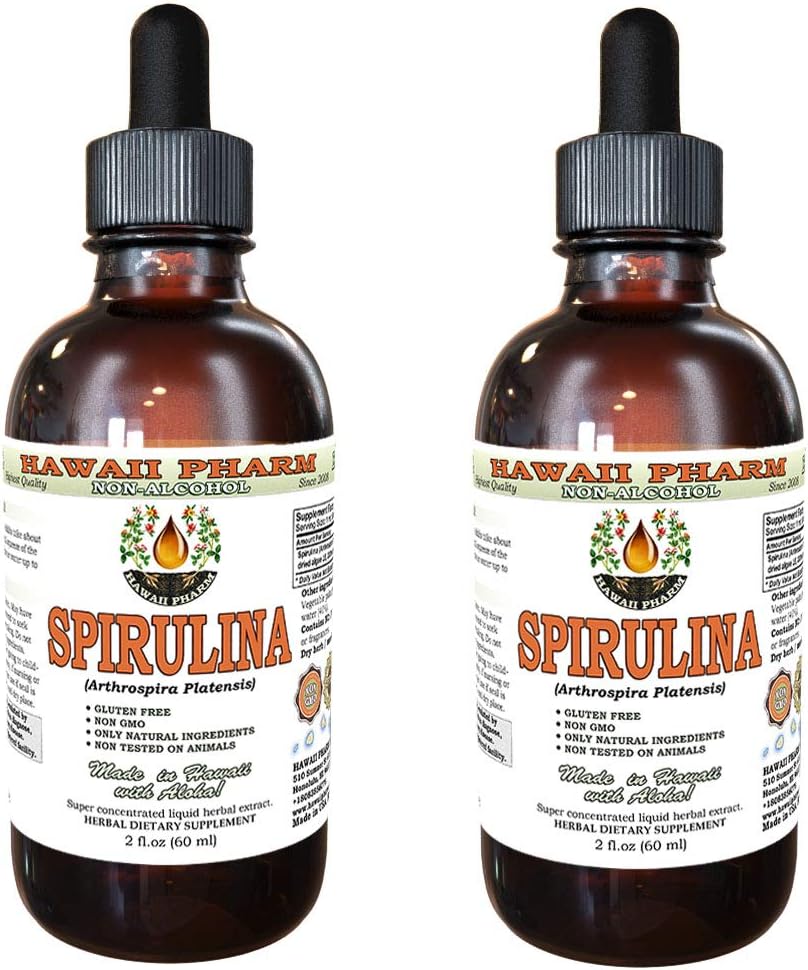 Spirulina Alcohol- Free Liquid Extract, Organic Spirulina (Arthrospira platensis) Dried Algae Glycerite Natural Herbal Supplemen, Hawaii Pharm, USA 2x2 f.oz