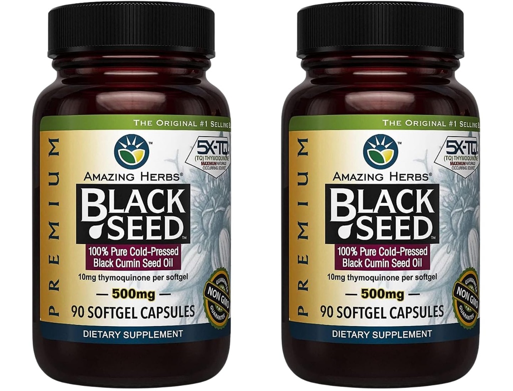 Amazing Herbs Premium Black Seed Oil Capsules - Gluten Free, Non GMO, Cold Menekan Nigella Sativa Aids in Digetical Health, Imune Dukungan, Fungsi Otak - 90 Count, 500mg (Paket 2)