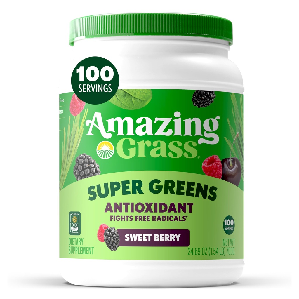 Amazing Grass Greens Superfood Antioksidant: Greens Powder with Organic Spirulina, Beet Root Powder, Elderberry & Progrenes, Sweet Berry, 100 Servis (Packaging May Wary)