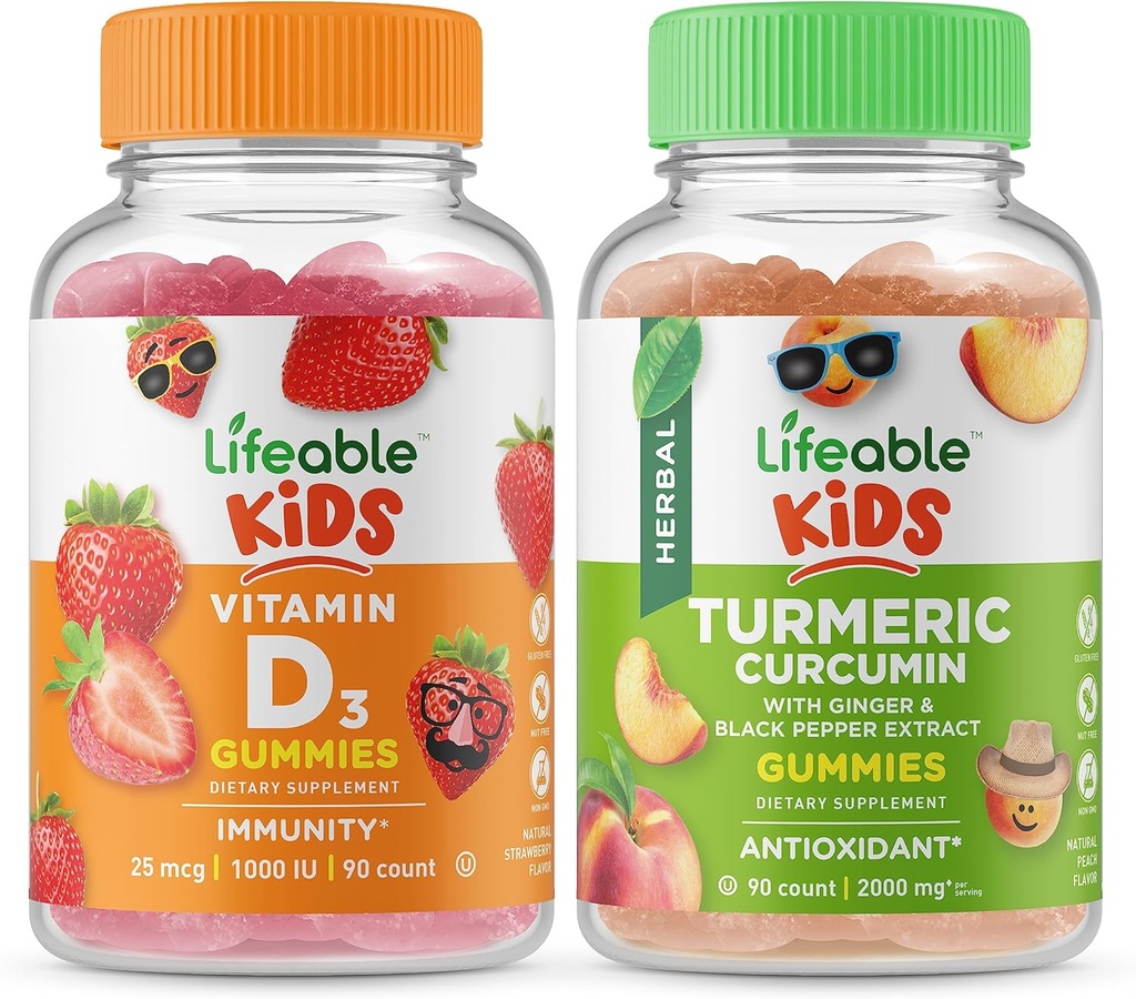 Lifeable Vitamin D Kids + Turmeric Curcumin Kids, Gummies Bundle - Great Tasting, Vitamin Suplemen, Gluten Free, GMO Bebas, Gummy Chewable