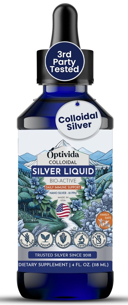 Optivida Health Colloidal Silver Liquid (4 oz) - Premium Nano Silver Colloidal Suplement for Daily Wellness & Imune Duption, Natural Liquid Silver Hydrosol for Dewasa & Kid, Nun-GMO, Gluten- Free