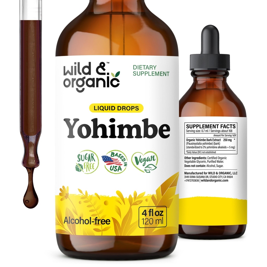 Suplemen Wild & Organic Yohimbe untuk Pria & Perempuan - 5 mg Yohimbine Ekstture - Alcohol- Free Yohimbe Bark Drops - Vegan, Non-GMO & Sugar- Free - 4 fl oz
