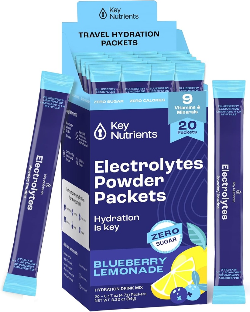KUNCI NUTRIENTS Multivitamin Electrolytes Pawder - Paket Blueberry Lemonade yang lezat 20 Paket Hidration - Bubuk Hidration Perjalanan - Tidak Gula, Tidak Ada Kalori, Gluten Bebas - Dibuat di Amerika Serikat