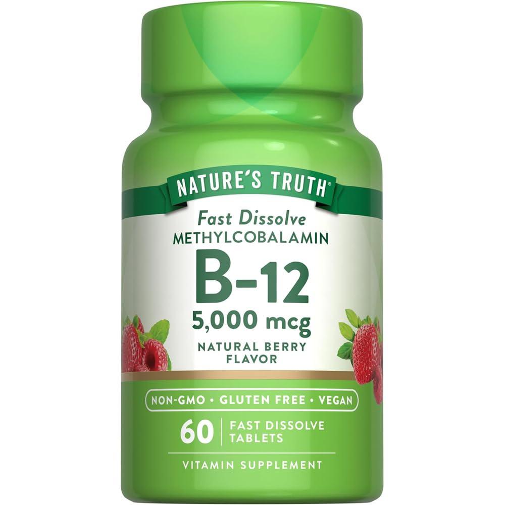 Nature 's Truth B12 Vitamin 5000 mcg 124; 60 Tablets 124; Fast Dissolve Natural Berry Flavor 124; Vegan, Non-GMO & Gluten Free Suplemen