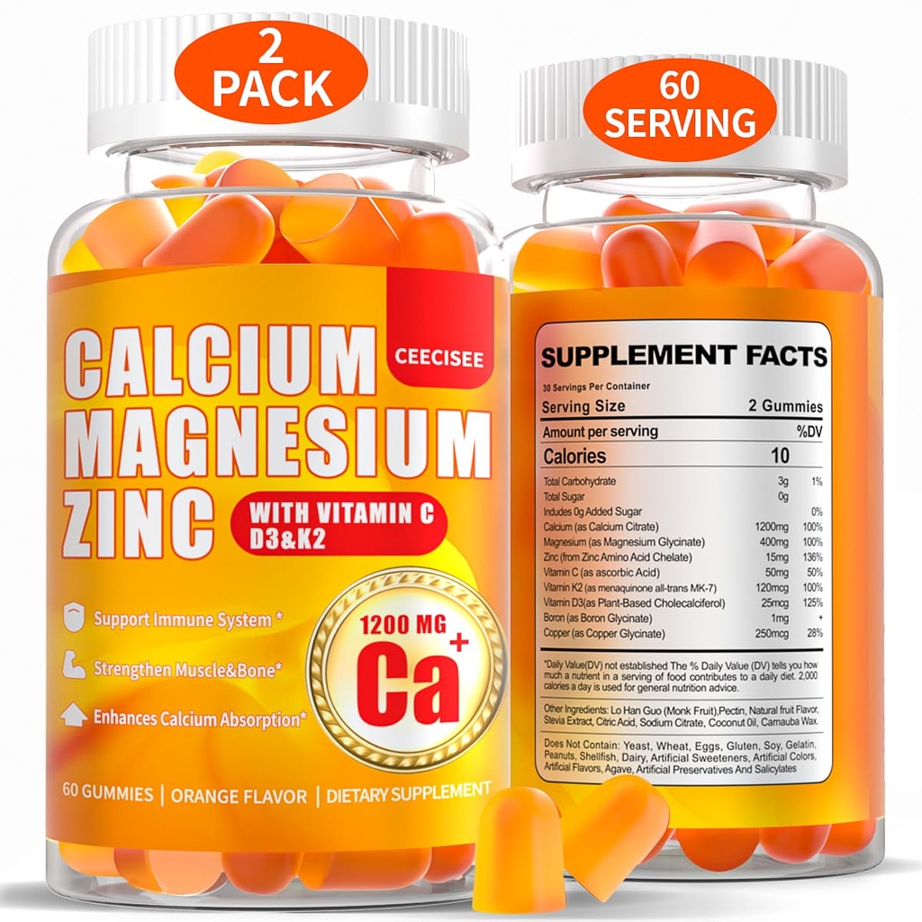 Calcium Magnesium Gummies for Women: 1200 mg Calcium Citrate Zinc Gummy dengan Vitamin C D3 K2 - Vegan Free Sugar Chewable High Absorpsi Enemy Immune Support (120Count)
