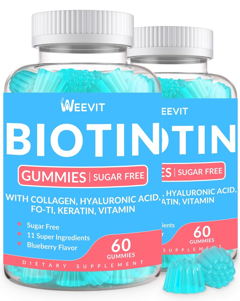 Sugar-Free Biotin Gummies, Biotin dan Collagen Gummies dengan Kertin, Acid Hayalanic for Women & Men 124; Glowth, Glowing Skin & Strong Nails 124; Vitamin B7 Suplemen, Non-GMO, Chewable