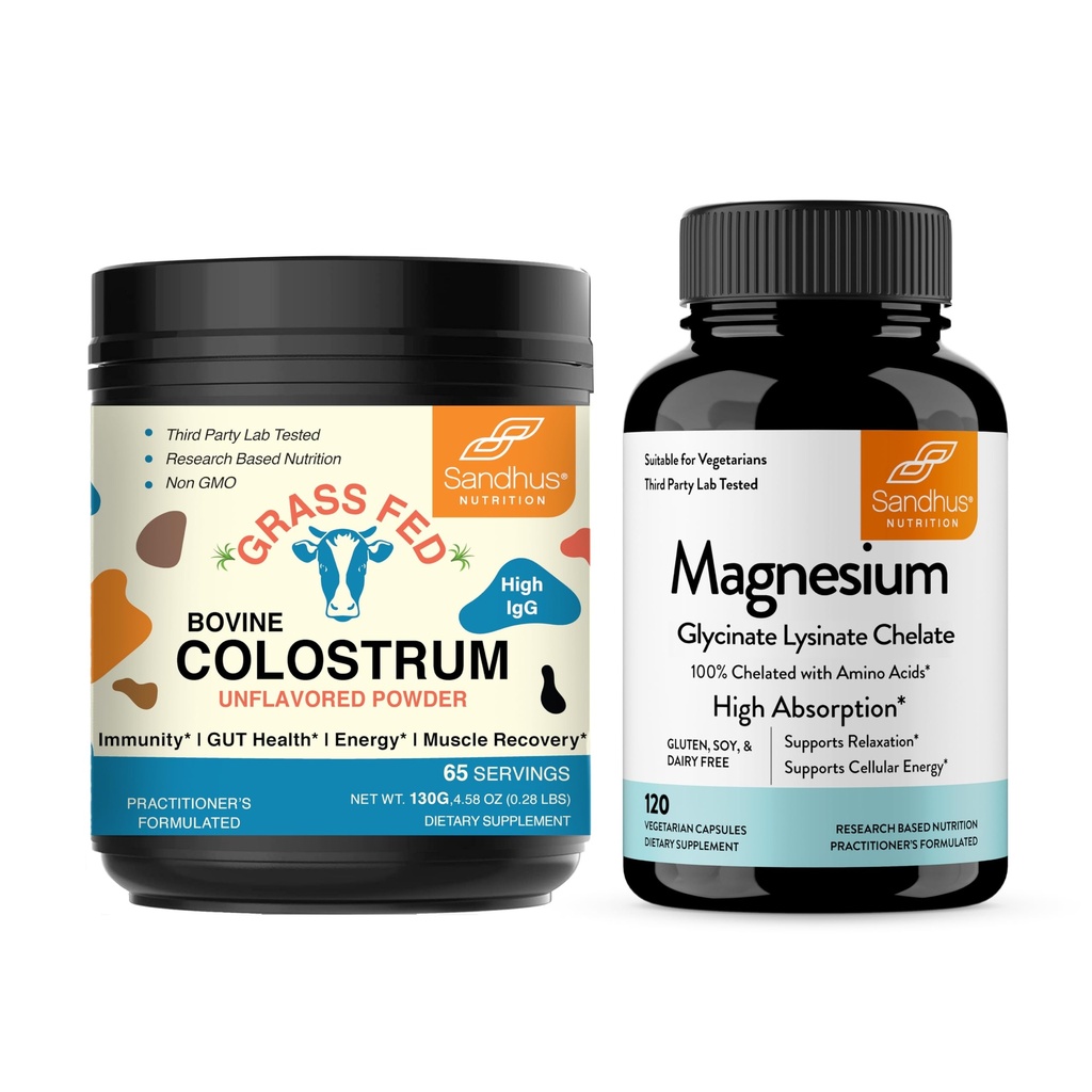 Sandhu 's Bovine Colostrum Powder & Magnesium Glycinate Lysinate Capsules 124; helping Gut, Immune Heath & Sleep Support
