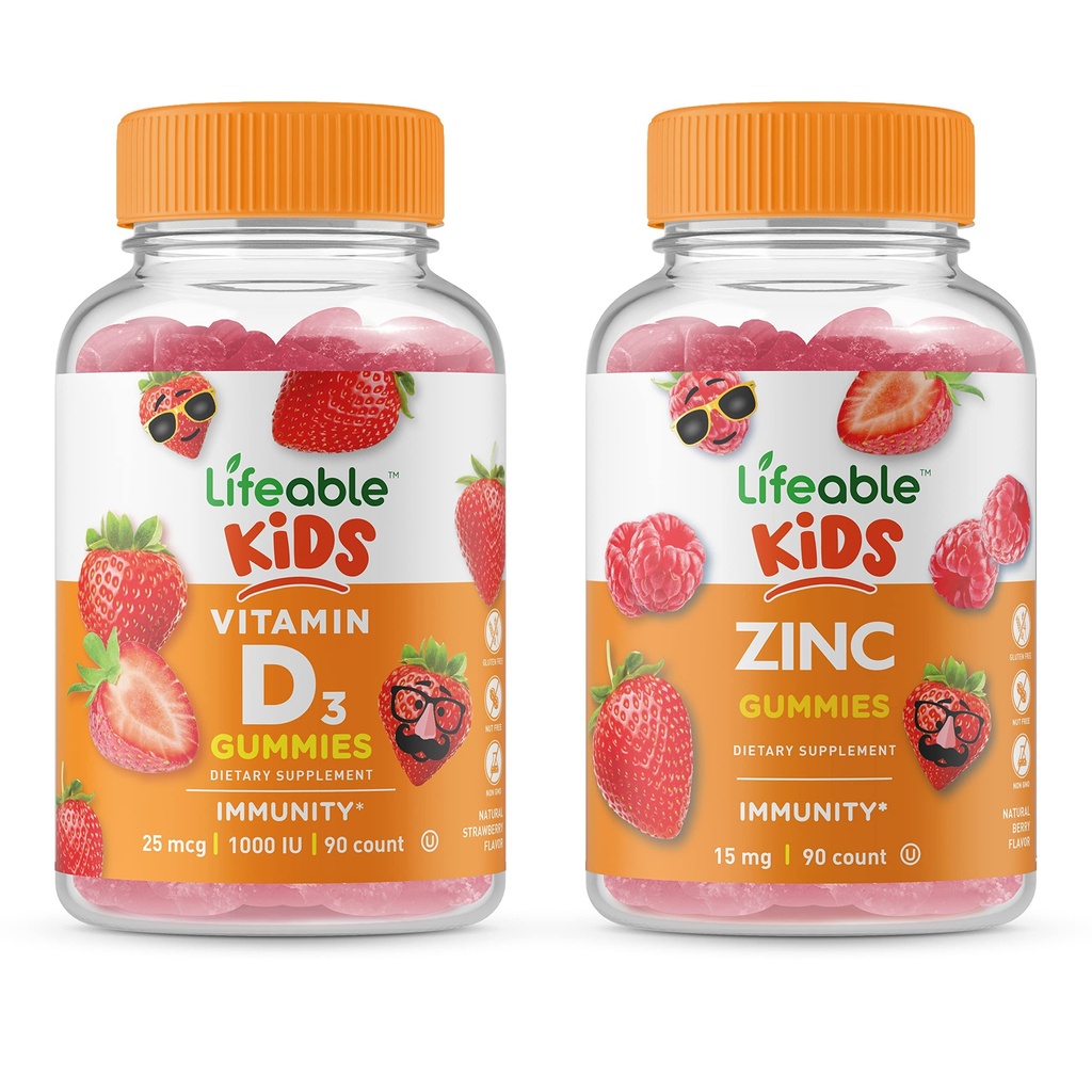 Lifeable Vitamin D Kids + Zinc Kids, Gummies Bundle - Great Tasting, Vitamin Suplement, Gluten Free, GMO Free, Chewable Gummy