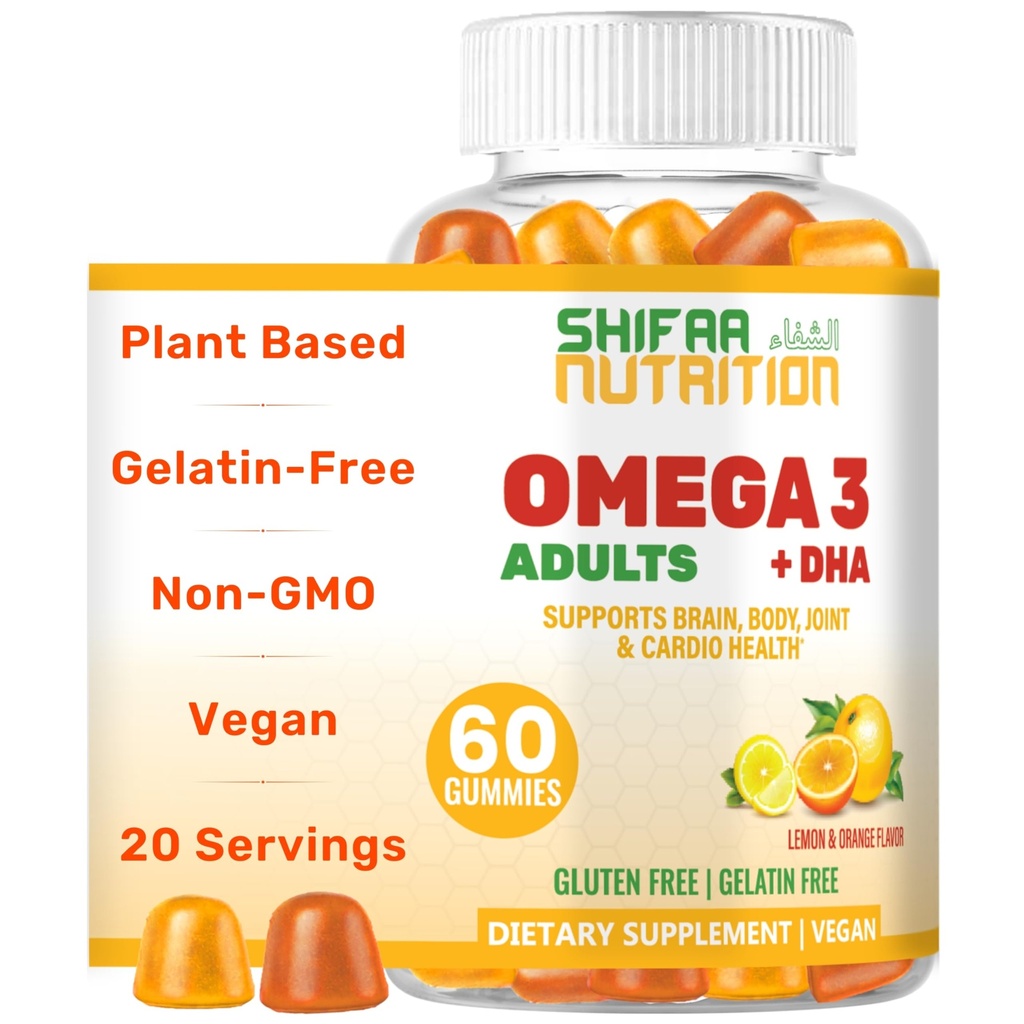 MIM SHIFAA NUTRITITI Vegan Omega 3 Gummies for Adules 124; No Fish Oil Burps 14; 60 Gumimi 124; Plant Based w / Chia Oil 124; Omega 3 6 9 w / DHA, Vitamin C 124; for Brain, Cardiovascular & Imune Dupport Halal