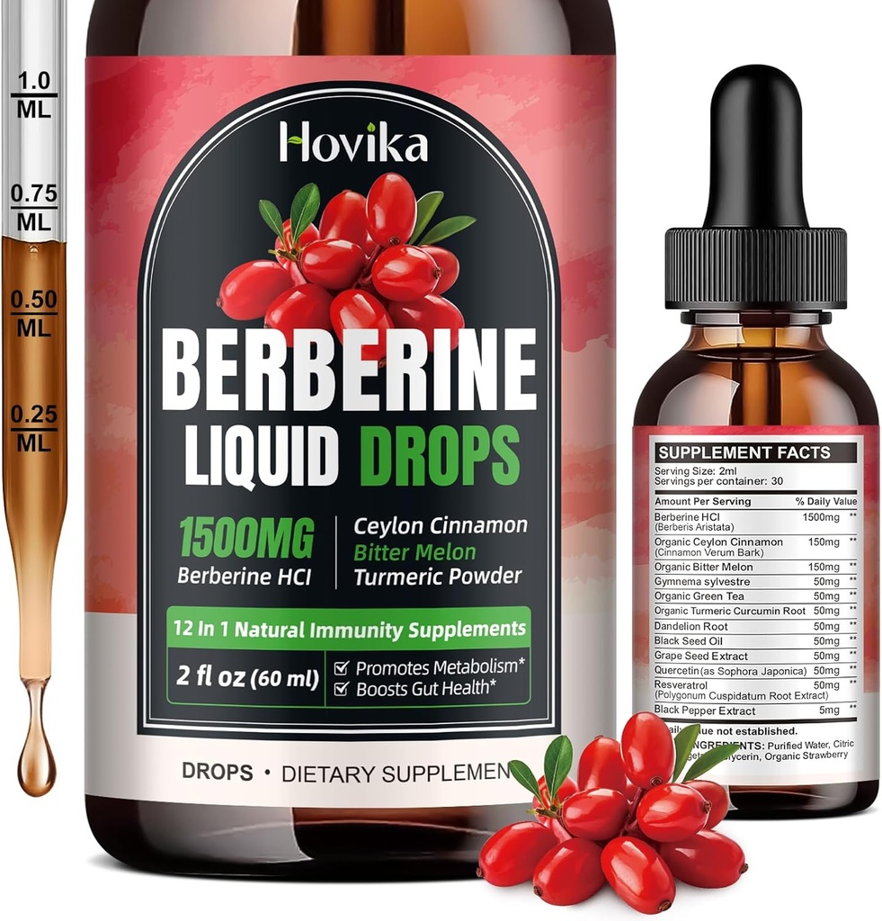 Berberine HCL Liquid Drops - 1500 mg Sangat Absorbable Berberine Liquid Drops - Berberine Veggie Suplement for Imune, Disrupt System and Heart Health Support, Strawberry Flavor- 2 FL Oz