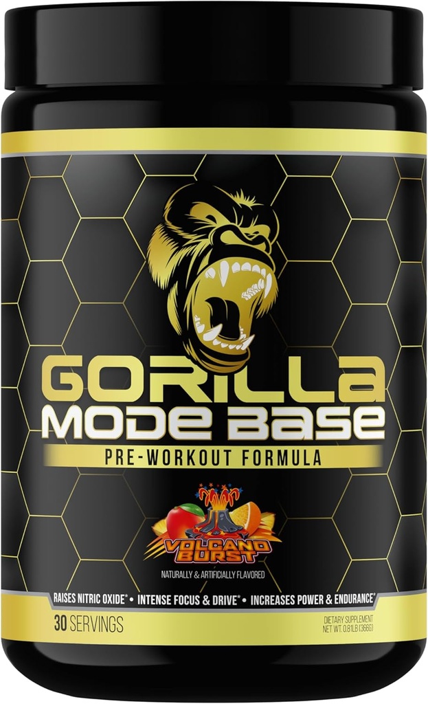 Gorilla Mind Base Pre Workout - Raises Nitric Oxide Intense Focus & Drive Endurance Power - L-Citrulline, L-Tyrosine, Betaine, GPC, Caffeine, Huperzine A - 360 Grams (Volcano Burst Burst)
