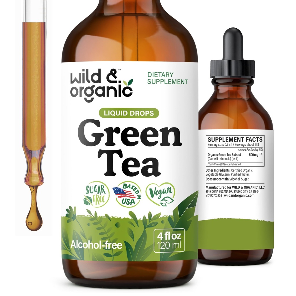 Wild & Organic Green Tea Extract Liquid Drops - Antioxidants-Rich Green Tea Suplement - 2- Bulan Supply - Vegan, Sugar & Alcohol- Free Camellia Sinensis Tincture - 4 fl oz