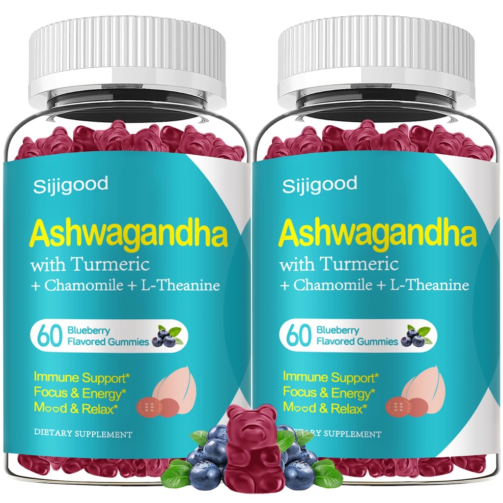 2 Pack Ashwagandha Gummies, Support for Imunity, Relaxation, Calm Mood & Zzz, Ashwagandha Suplemen untuk Pria & Women, Natural Blueberry Flavor, 120 Count