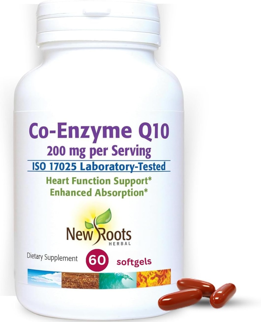 NEW ROOTS HERBAL CoQ10 Suplemen Koenzim Q10 (60 Softgels) 200 mg 14; Dokter Naturopathic Formulated for Heart Health Dukung 124; Dibuat dengan Fermentasi Alam
