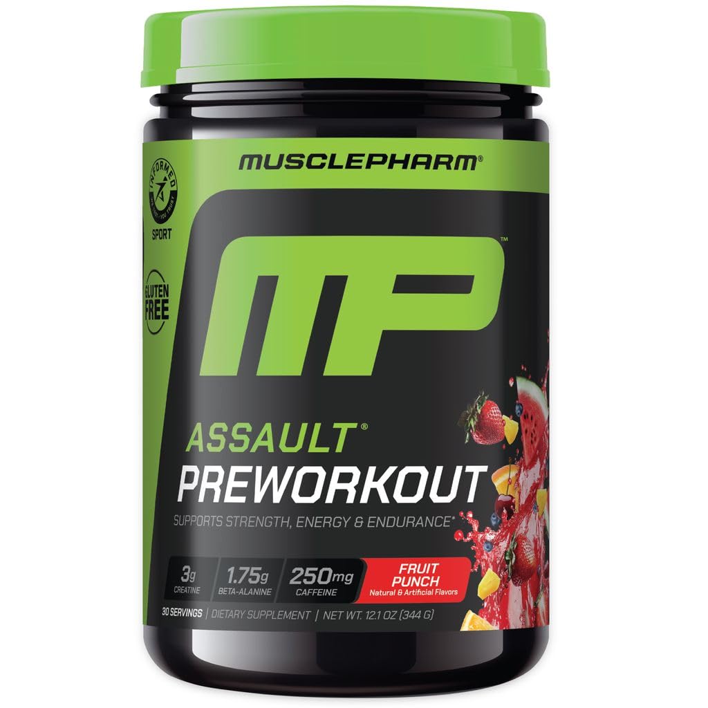 MusclePharm Assault Pre Workout Powder for Men & Women - Energy & Power Boost Pre- Workout Suplemen dengan Beta Alanine, Caffeine, Creatine & Betaine Anhidlous - 30 Servis, Fruit Punch Flavor