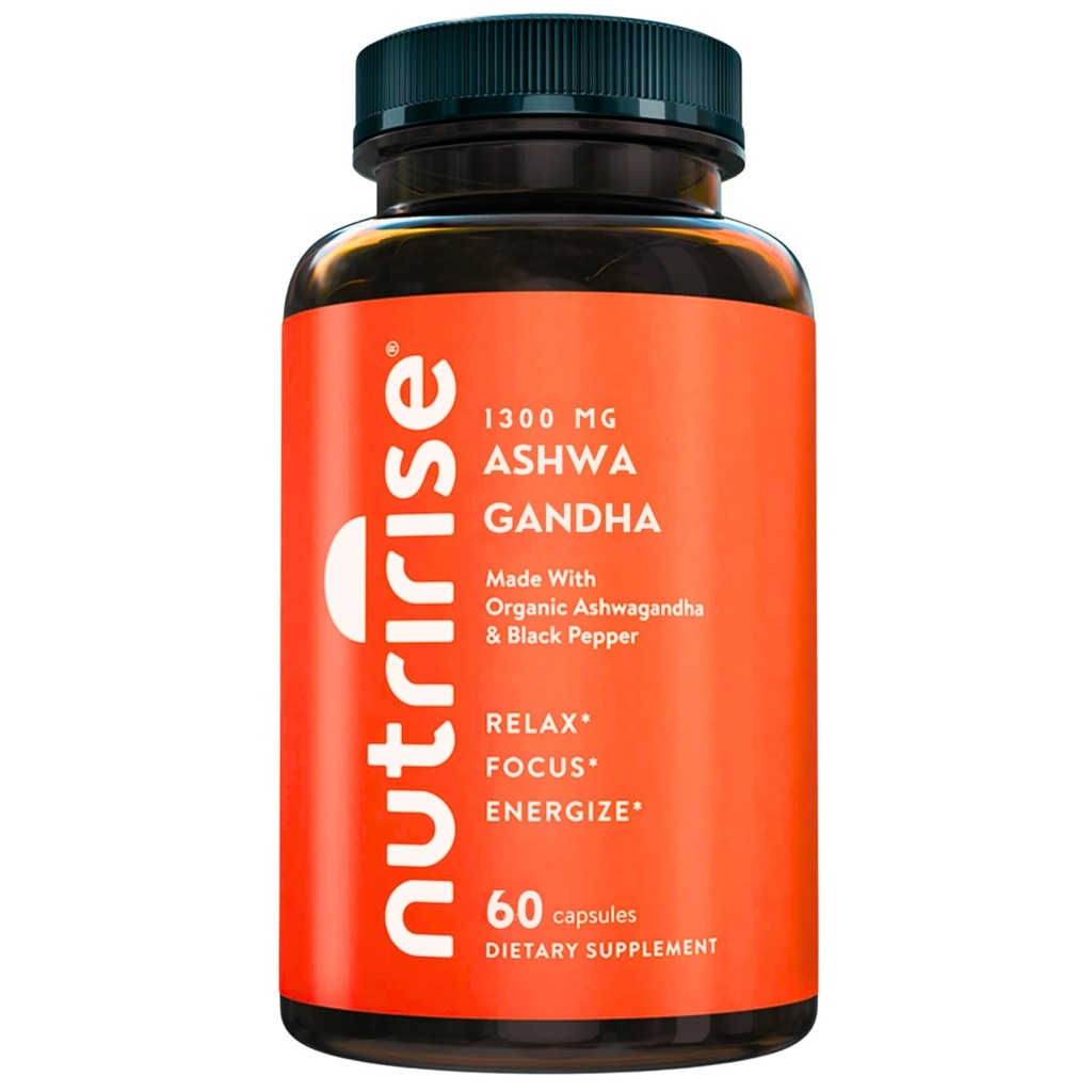 Nutribuge Organic Ashwagandha Root Capsules with Black Pepper, 1300mg, Natural Stress & Mood, Thyroid & Imune Suplemen Dukungan, Kejelasan, Fokus & Energi, Gluten Free, 60 Count