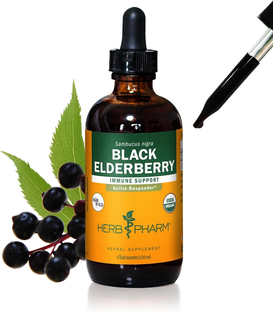 Herb Pharm Certified Organic Black Elderberry Liquid Extract for Imune System Dupport, Organic Cane Alkohol, 4 Ounce