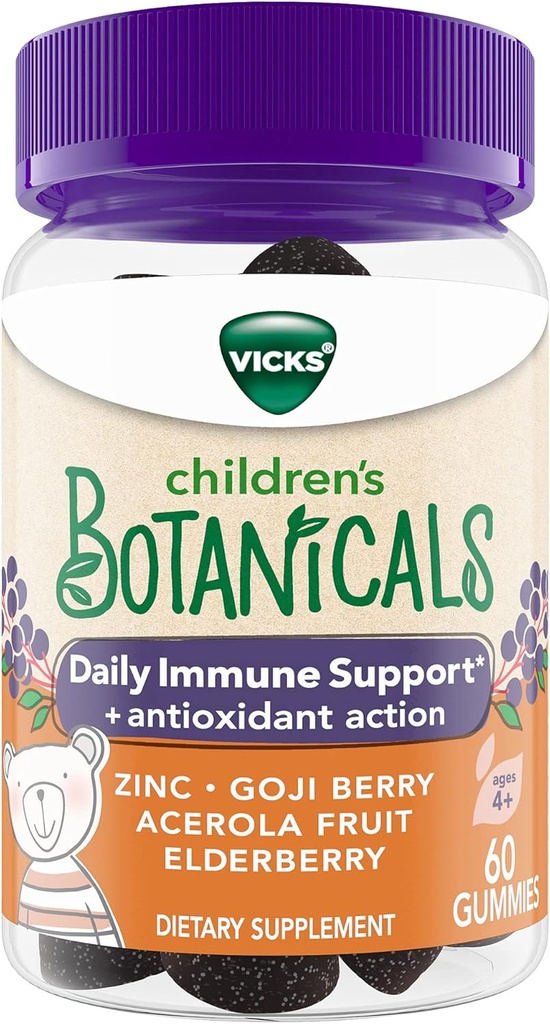 Vicks Children 's Botanicals Daily Ammune Support * + Antioksidant Action, Gummies, Made with Zinc, Goji Berry, Acerola Fruit, and Elderberry, 60 ct