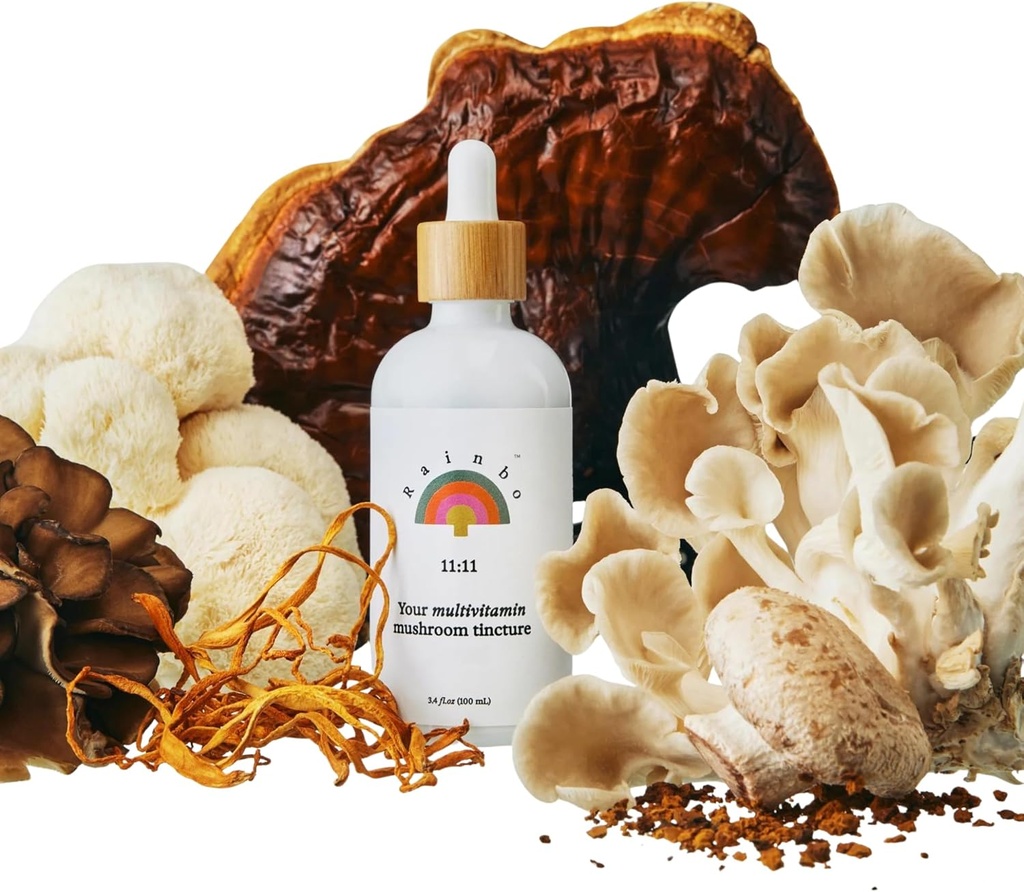 Rainbo - 11: 11 Multi Mushroom Pengikat - 11 -in - 1 Dual Extract Mushroom Blend - Comprehensive Imune Dukungan, Brain Duid Lion 's Mane & Turkey, Vegan, Non GMO, 3.4 fl oz