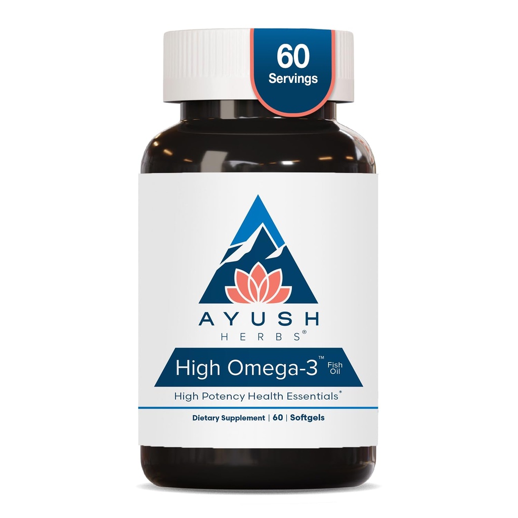 Ayush Herbs High Omega 3 - Omega 3 Fish Oil, 10000mg Per Capsule, EPA & DHA Oil Suplemen Perempuan & Men, Natural Lemon Flavor - 60 Softgel Capsules (1 Count)