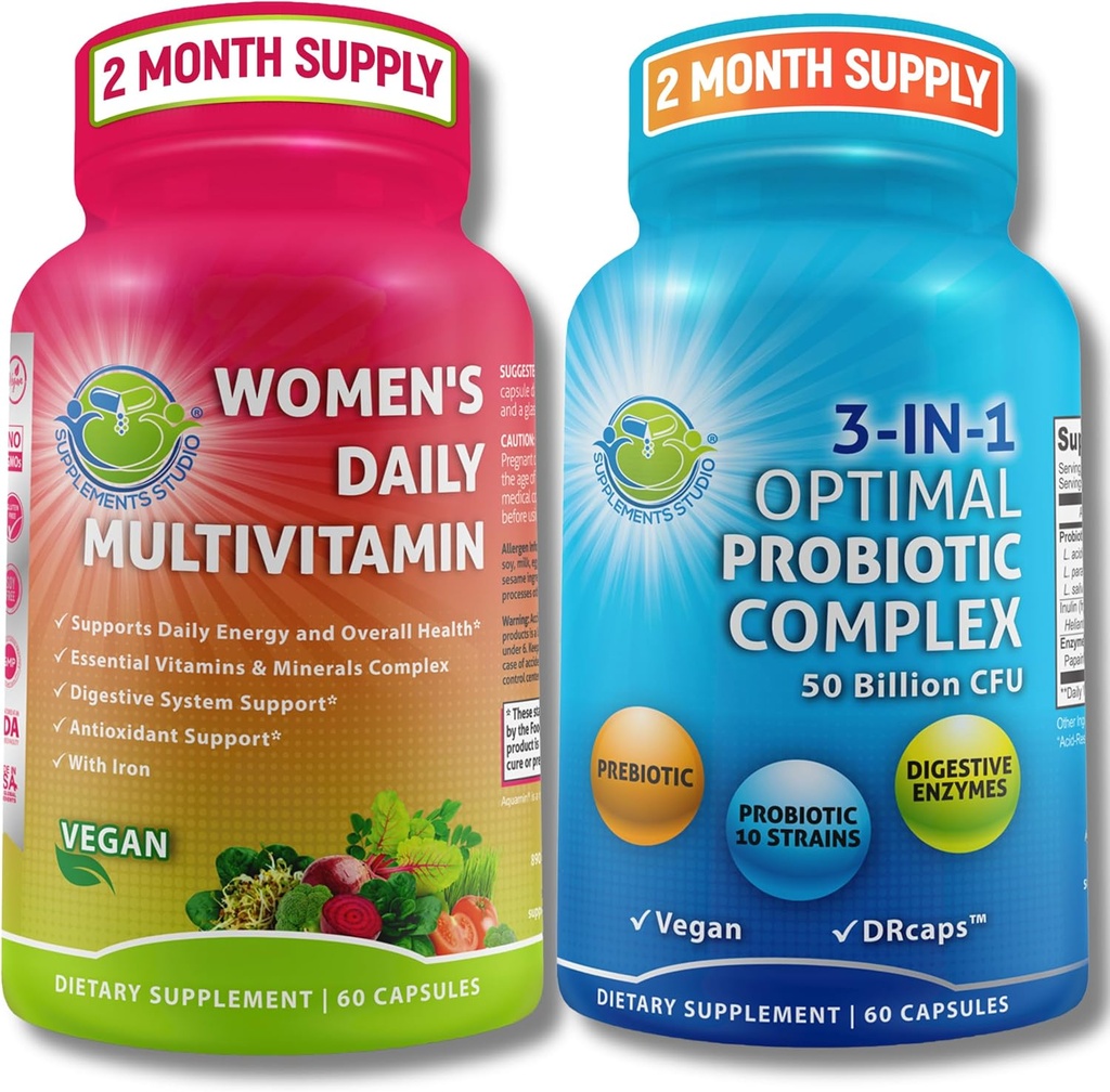Dukungan Multivitamin & Probiotik Perempuan Bundle - 3-in- 1 Probiotik dengan Enzyme Digetical & Prebiotic & Women 's Daily Multivitamin dengan Besi - Vegan, Non-GMO, Clean Daily Wellness Support