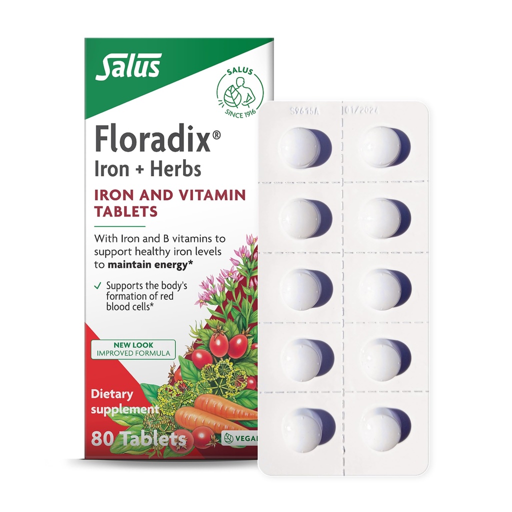 Floradix Iron Tablet - Iron Suplemen dengan B Vitamin, Acid Folic, Vitamin C & More - Energy Support - Vegetarian & Gluten- Free - 80 Tablet (80 Pelayan)