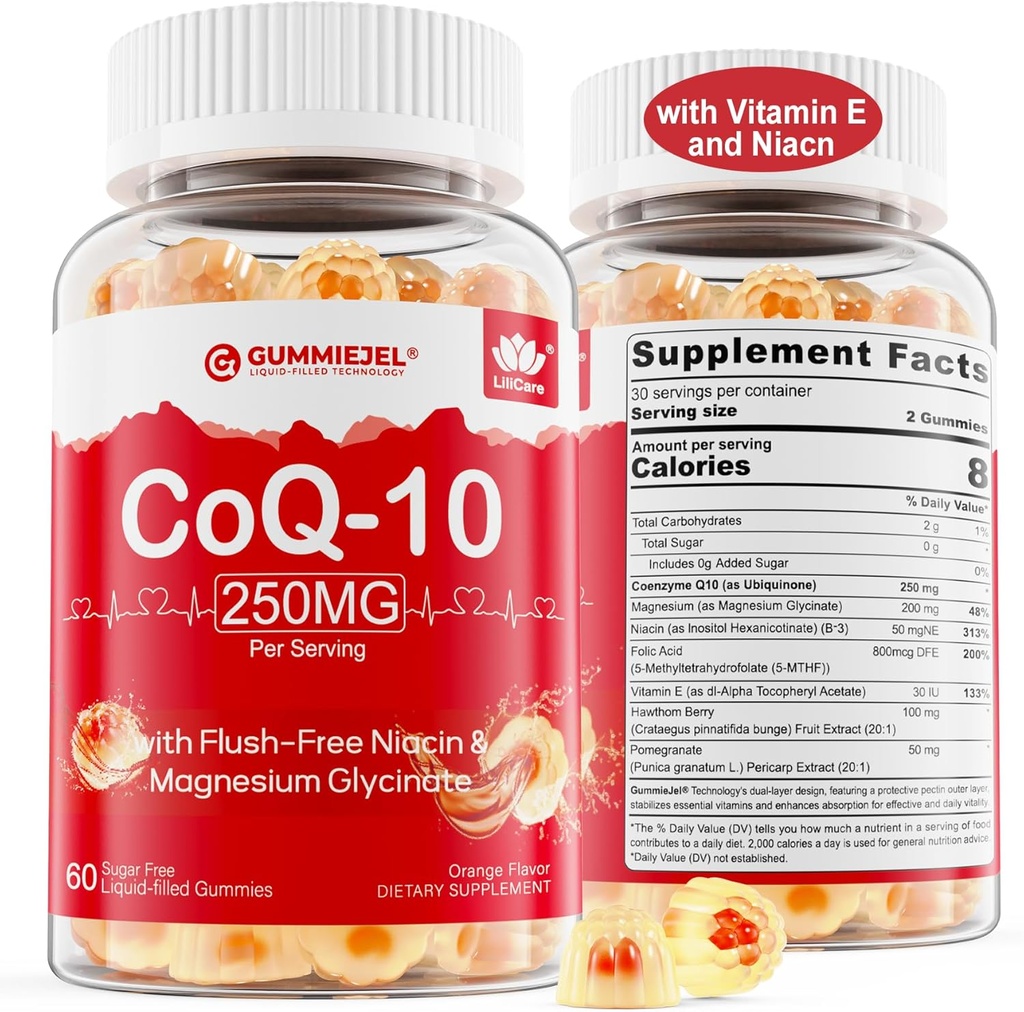 Sugar Free CoQ10 Filled Gummies 250MG, Coenzim Q10 w / Magnesium Glycinate, Niacin No- Flush Vitamin B3, E & Folic Acid, High Absorpsi CoQ10 untuk head-