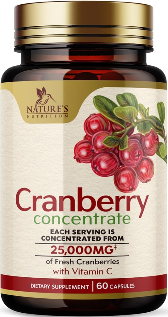 Cranberry Pil Supplemen 25.000mg - Fresh Cranberry Equivalen dengan Vitamin C & E - Urinary Tract Health Support, Sugar Free Formula, Fruit Extract - Non-GMO, Bottoms in USA - 60 Capsules