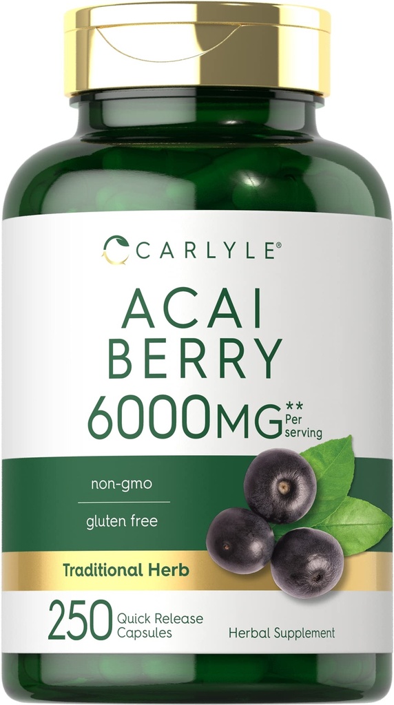 Carlyle Acai Berry Capsules 6000mg 124; 250 Count 124; Non-GMO & Gluten Free Acai Berry Extract