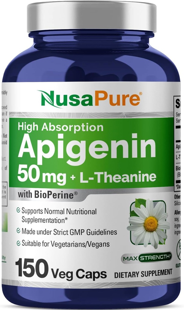 NusaPure Apigenin 50mg & L-Theanine 200mg, 150 Vevgie Capsules, Bioperin (Non- GMO, Gluten Free)