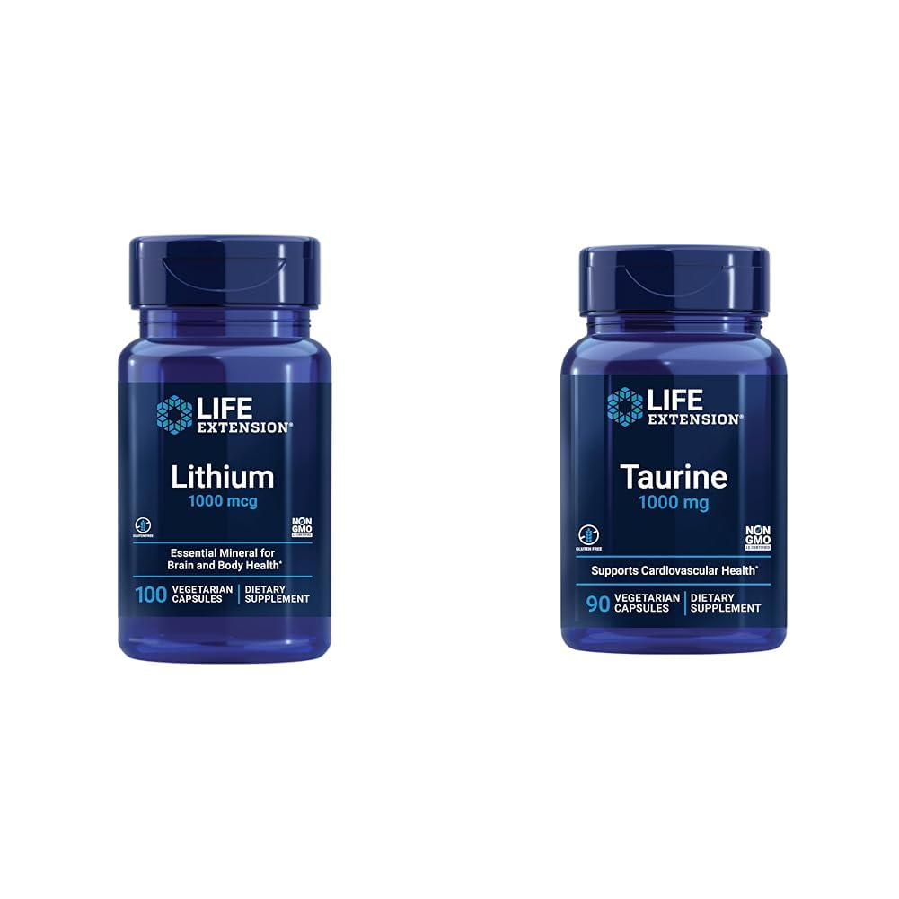 Lithium Kehabisan Hidup 1000 mcg dan Taurine 1000 mg - Kesehatan Otak, Anti- Penuaan, Umur Panjang, Ingatan, Penyalaan, Mood, Hati, Hati, Hati, Muscle and Exercise Dukungan - 100 Cacah