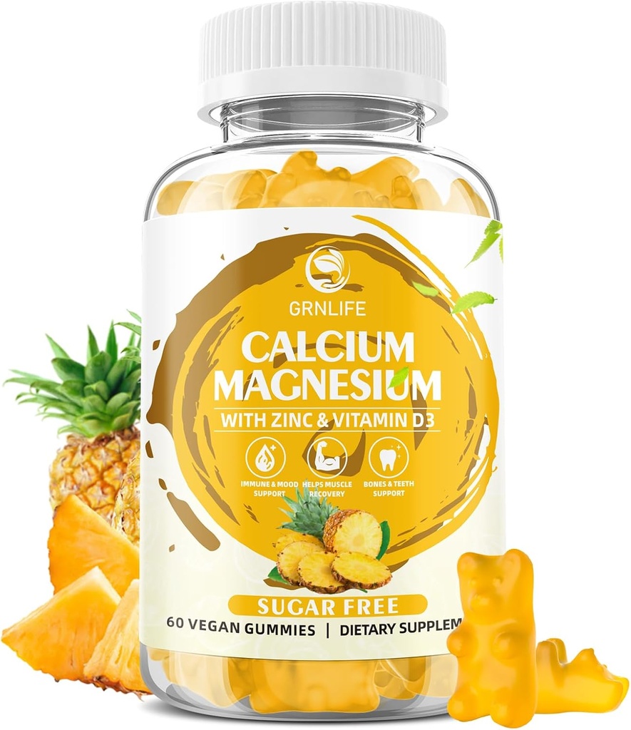 Calcium Magnesium Zinc Gummies dengan Vitamin D3, Gumi Kalsium Bebas Gula untuk Pria Perempuan, Potensi Tinggi Magnesium Gummies untuk Tulang & Otot & Kelahiran Kesehatan, Pineapple Flavor - 60 Count