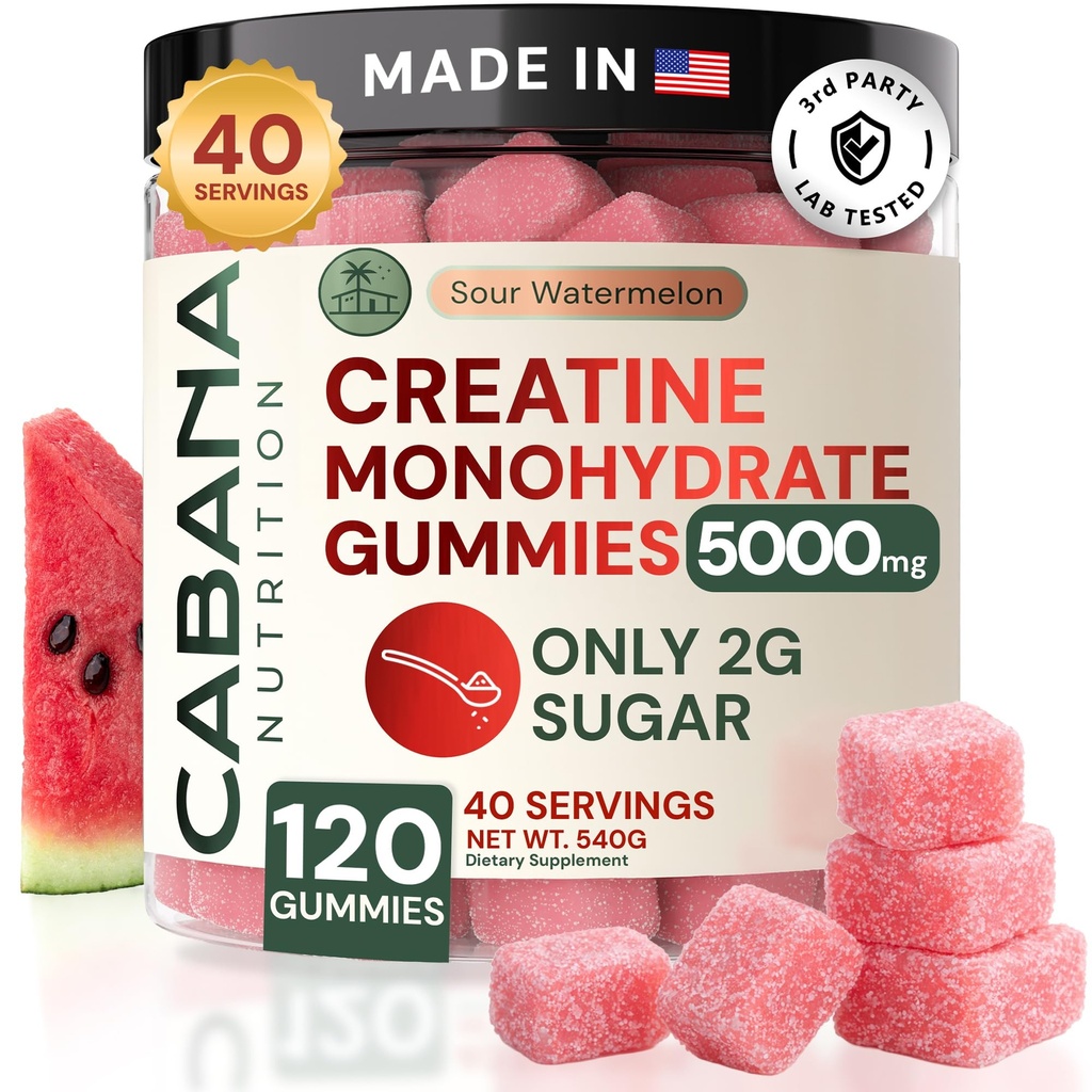 Cretine Monohydrate Gummies 5g - Hanya 2g Sugar, Made in USA - Sour Watermelon Flavor