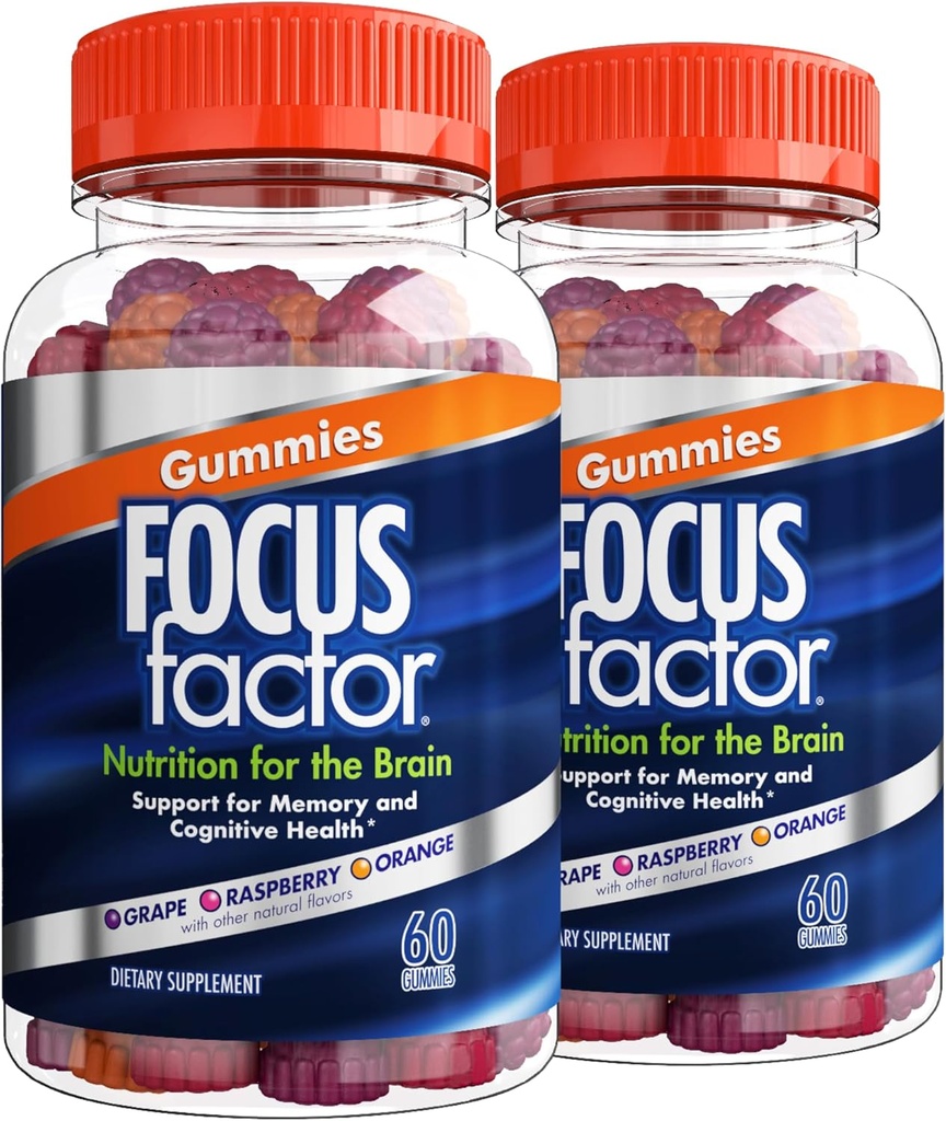 Focus Factor Nootropic Gummies, Suplemen Memori untuk Otak, Phoshatidlyserine, Bacopa, Huperzine A, 60 Count, Paket 2