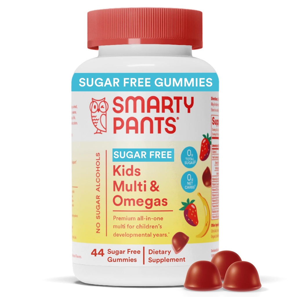 Anak-anak SmartyPants Multivitamin, Sugar Free: Omega 3 (ALA), Vitamin D3, C, Vitamin B12, B6, A, K & Zinc untuk Dukungan Imune, Biotin, Erythritol Free, Strawberry Banana, 44 Count (22 Hari Suppply)