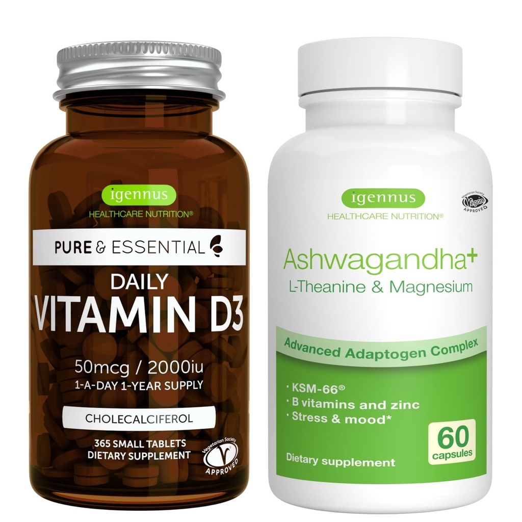 Daily Vitamin in D3 + Ashwagandha + L-Theanine & Magnesium Vegetarian Bundle, 365 2000iu Vitamin D3 Tablet + 600mg KSM-66 Ashwagandha dengan Zinc & B Vitamins, oleh Igenkus