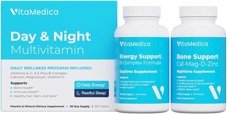Multivitamin Day & Night Routine 124; Energy & Mental Clarity, Bones & Joints, Restful Sleep 124; 30-Day Supply 124; Vitamin A, C, D, E, B- Complex 124; Magnesium, Biotine, Zinc, Botanicals, & Minemary