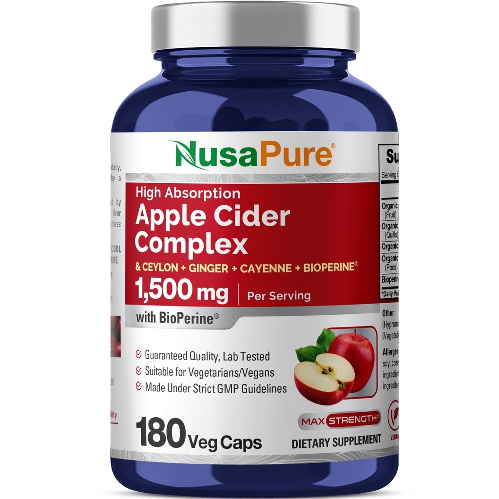 NusaPure Apple Cider Vinegar Complex 1500 mg 180 Veg Caps Cocok untuk Vegetarians dan Vegan, Non-GMO