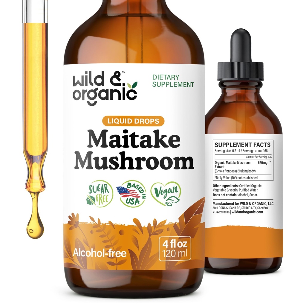 Wild & Organic Maitake Mushroom Tsuture - Imune Suplemen Dukungan - Liquid Maitake Mushroom Extract - Vegan, Sugar & Alcohol- Free Drops - 4 flf oz