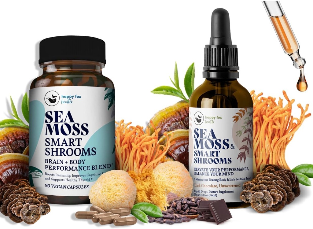 Brain Superfood Bundle - Organic Sea Moss & Smart Shroom, Capsules and Liquid Drops Bundle, Organic Irish Seamoss dan 7 Adaptogenic Suplemen untuk Memori dan Fokus. Cair Drops in Chocolate Flavor