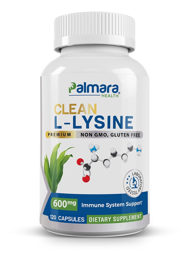 Palmara Health Clean L- Lysine 600mg, 120 Capsules 12.4; Vegan, Non-GMO, & Gluten Free